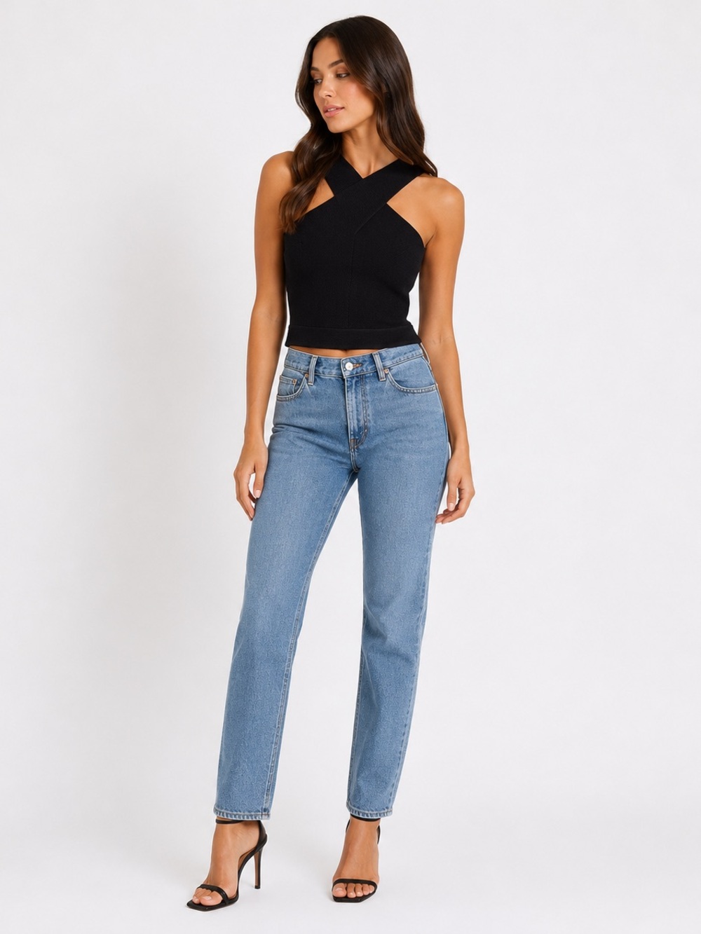Chelsea28 Black Cross Front Textured Crop Top Size M